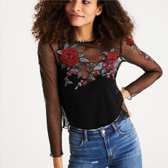 Tops - Rose Embroidered Mesh Shirt